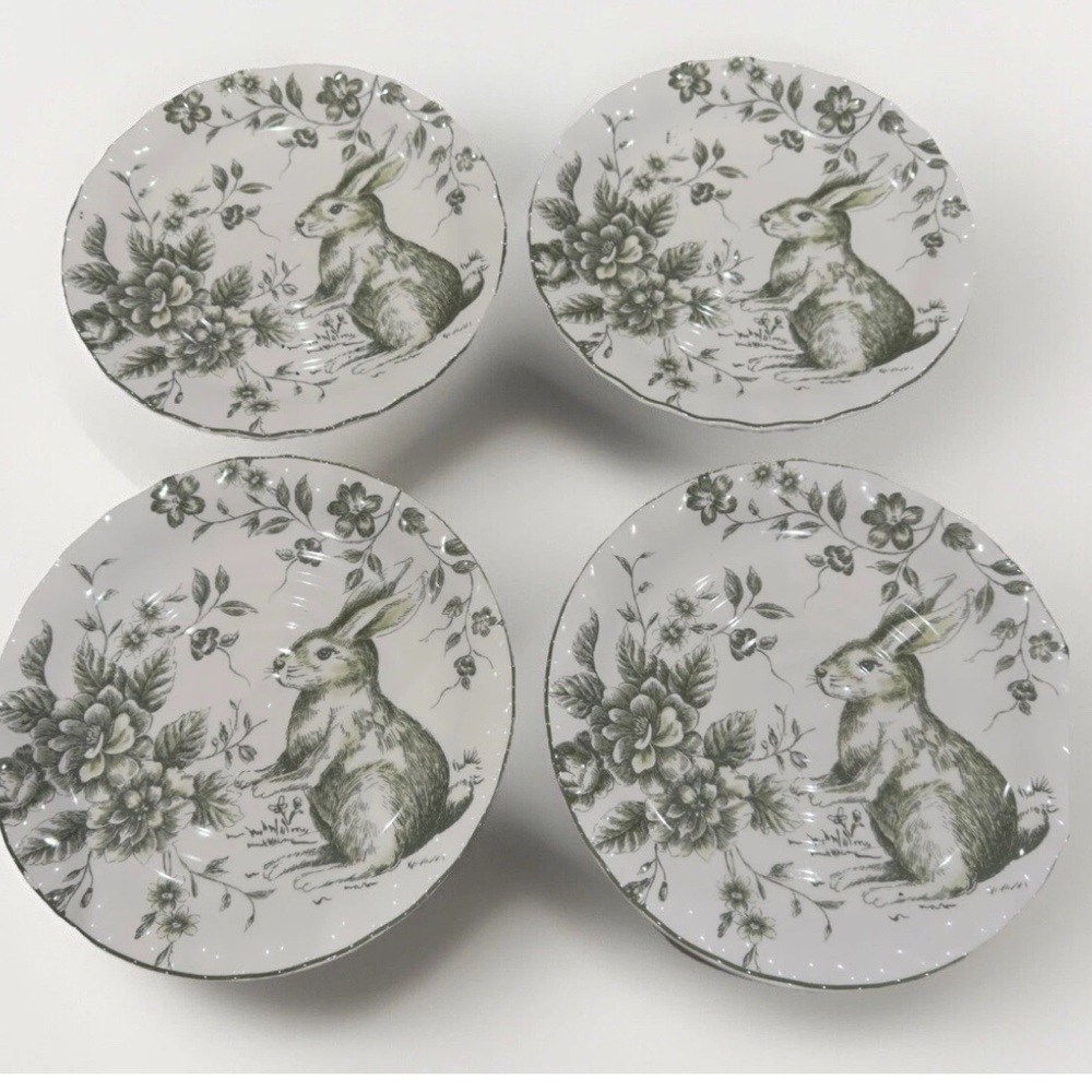 Green Toile Easter Bunny Rabbit Scalloped 9" Salad Luncheon Plates Maxcera Set 4
